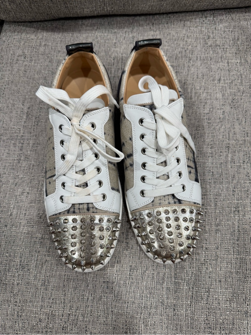 Christian Louboutin White and Silver Studded Low-Top Sneakers